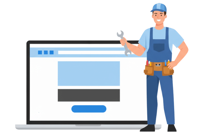 A cartoon illustration of a tradesperson wearing overalls holding a wrench standing beside a giant laptop.